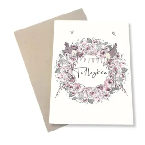 Mouse & Pen - Lykønskningskort - Rosa blomsterkrans Tillykke A6